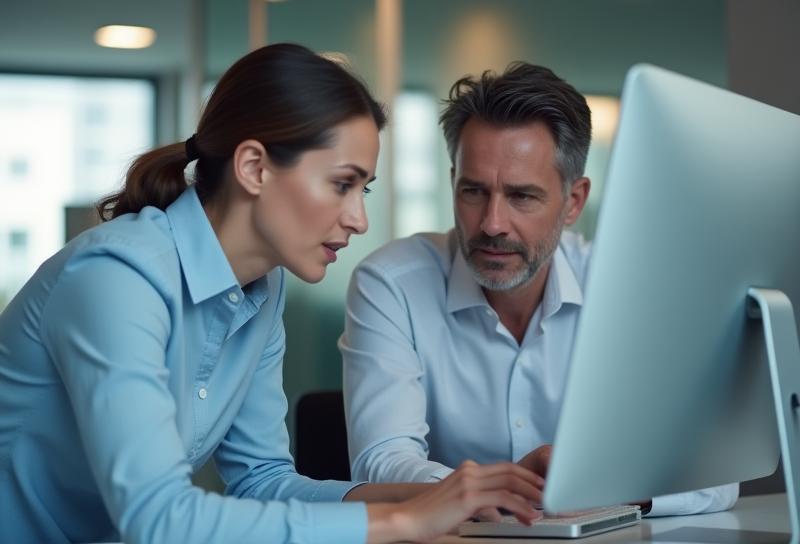 Two people collaborating at a desk in a modern office