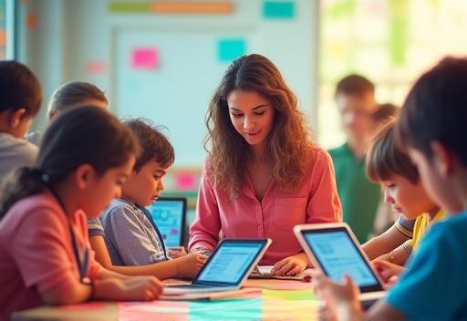 Students and teacher using tablets in a classroom
